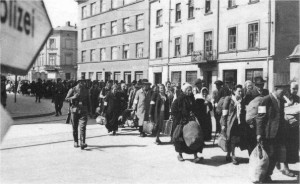 Jews being marched out of the Krakow ghetto in March 1943.
